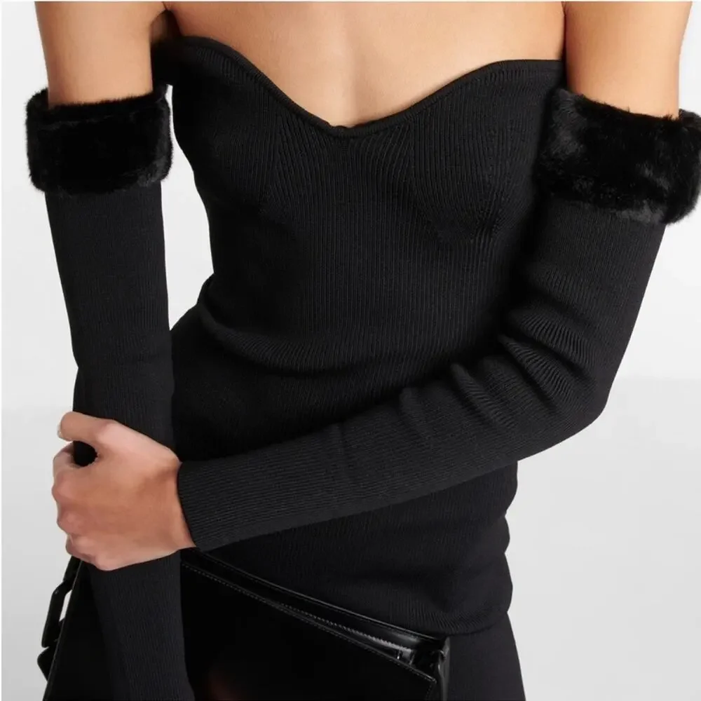 Staud Josee Fur Off The Shoulder Minidress in Black M